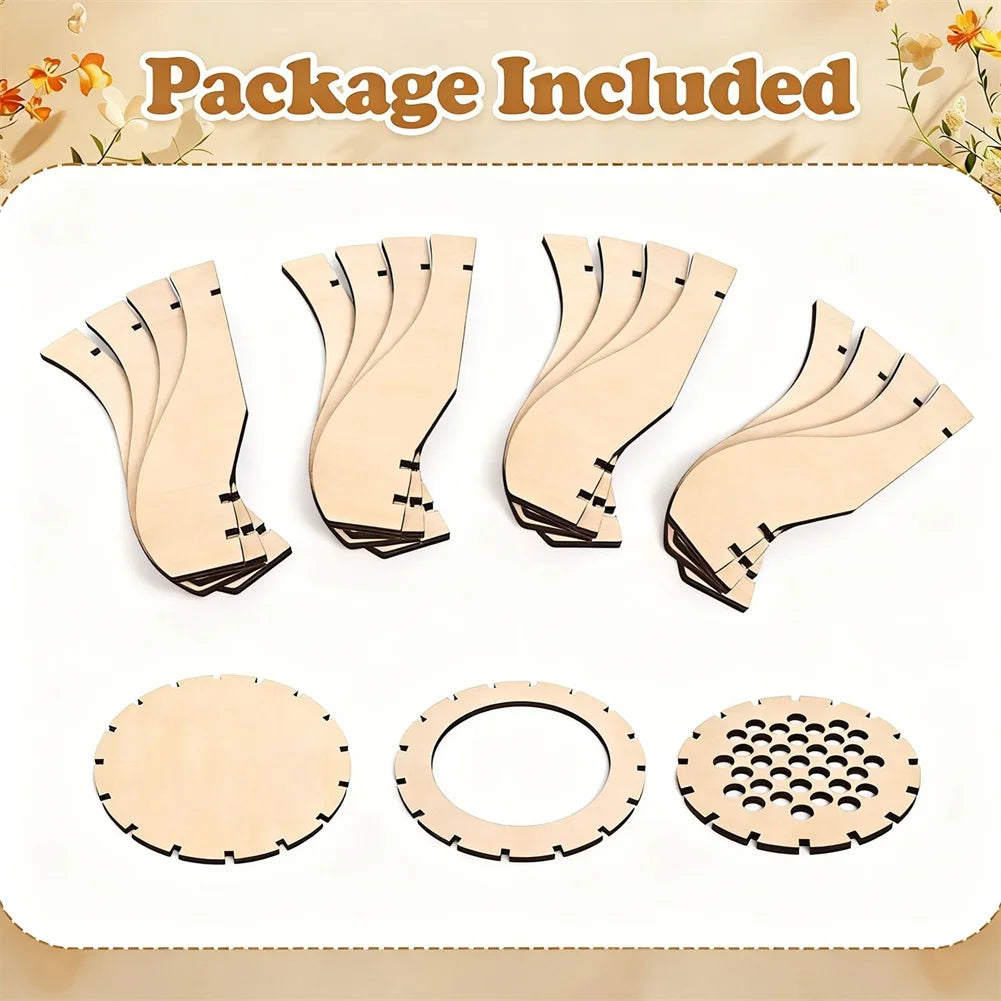 Set of light wood DIY craft pieces featuring curved uprights, circular bases, and a perforated top disc.