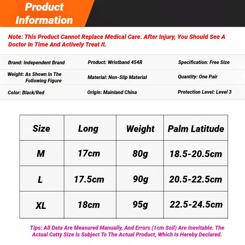 Product information chart for a black and red wristband, detailing sizes, weights, and palm measurements.