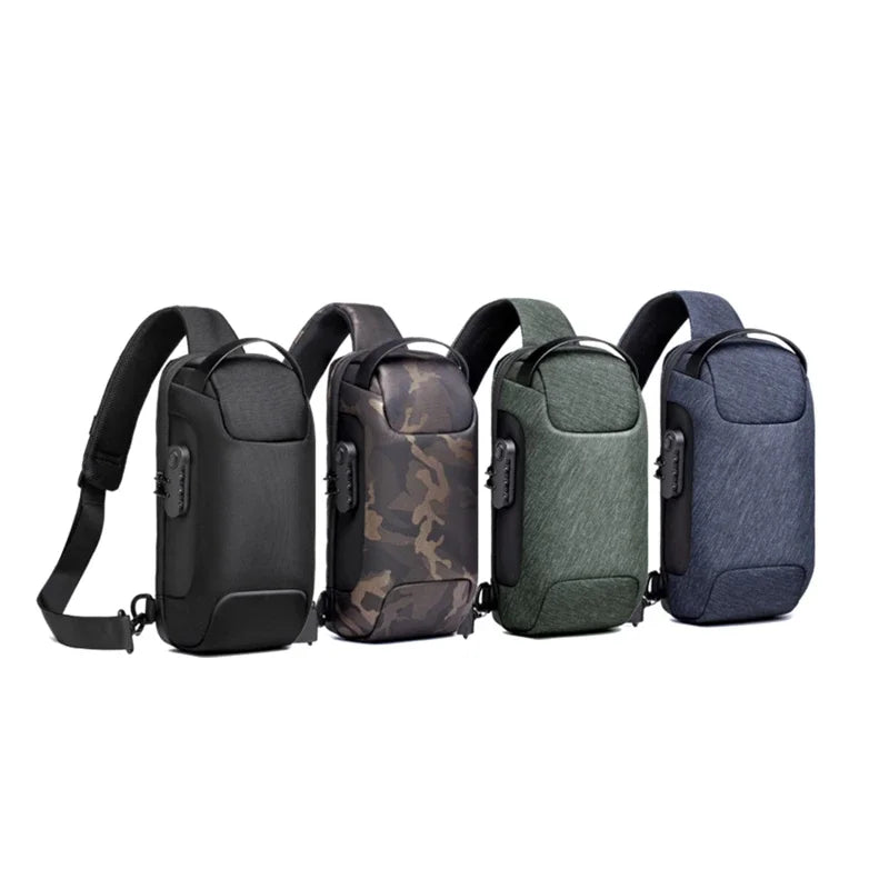 Four anti-theft crossbody chest bags in black, camouflage, green, and blue, each with a built-in USB charging port.
