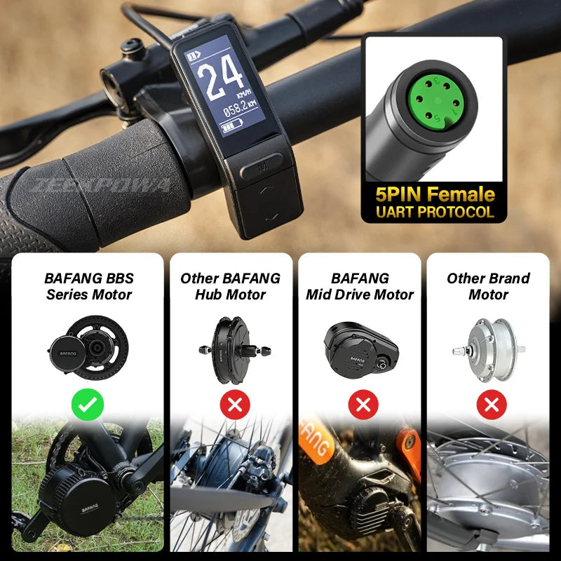 Black SW102 electric bike LCD display mounted on handlebars, showing speed, with a 5-pin female connector inset.