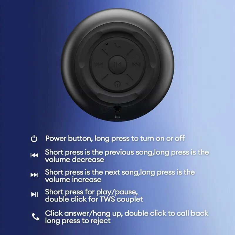 A matte black, round portable Bluetooth speaker viewed from above, featuring central playback and call control buttons.