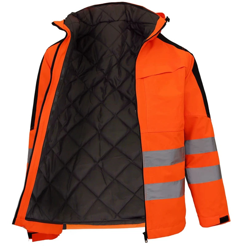 Orange hi-vis waterproof jacket with black quilted lining, reflective strips and front zip fastening.