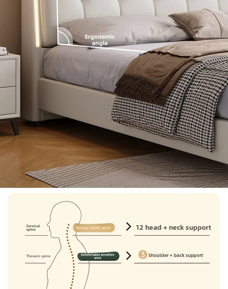Modern minimalist cream white storage bed with ergonomic headboard design for optimal head, neck, and back support.