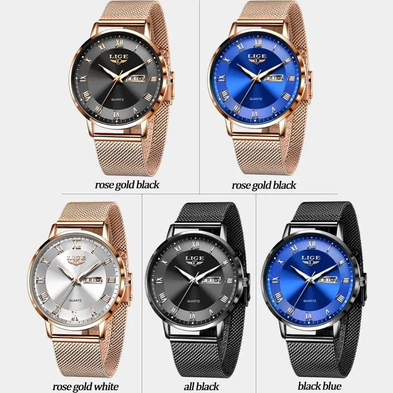 Five elegant women's quartz watches with mesh stainless steel straps and date displays, shown in various colourways.