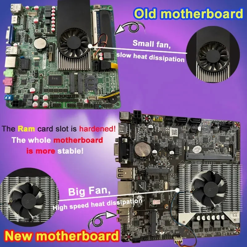 Comparison of old green motherboard with small fan and new black motherboard with large cooling fan.