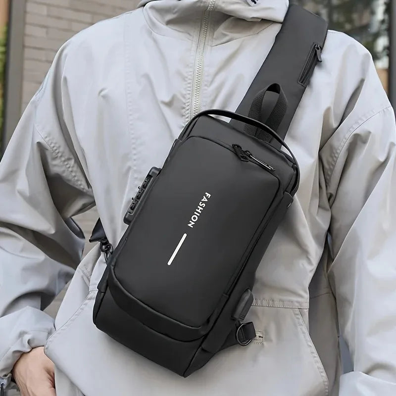 Black waterproof anti-theft crossbody sling bag with a USB charging port and secure combination lock.