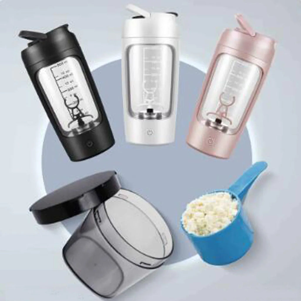 Three electric portable blender bottles in black, white, and pink, with a storage container and a blue measuring scoop.