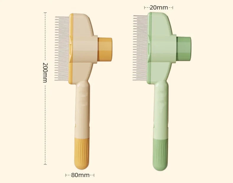 Two pet grooming combs in beige and green, featuring stainless steel teeth and labelled dimension measurements.