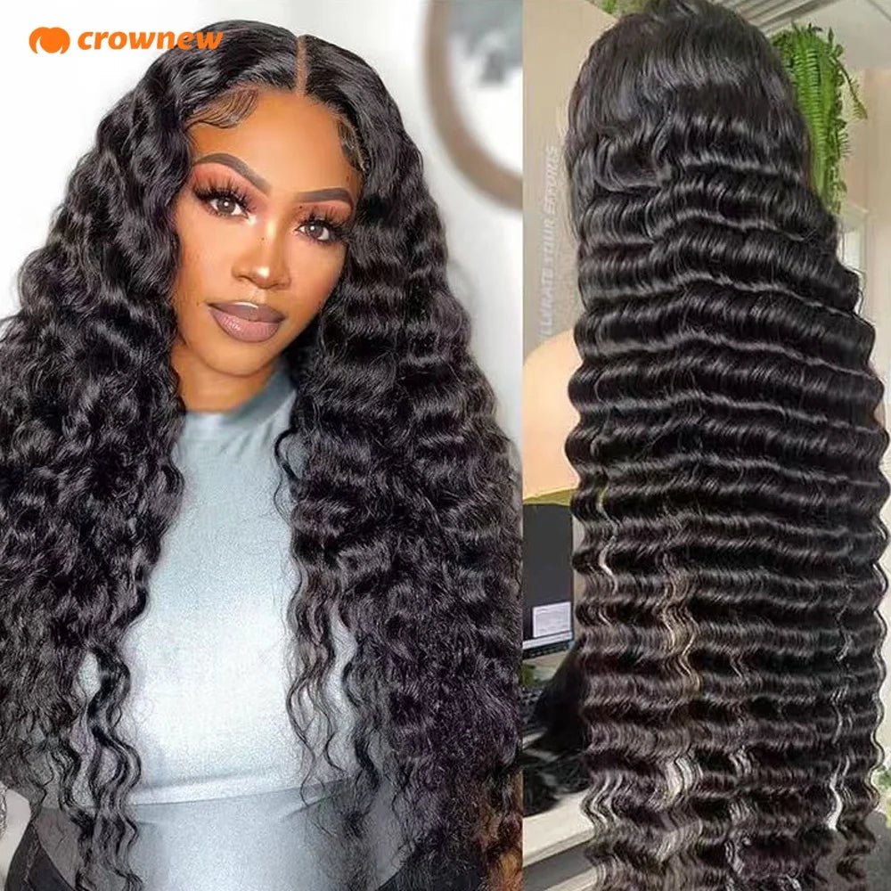 Long black human hair wig with deep wave curls, middle part, and pre-plucked lace frontal.