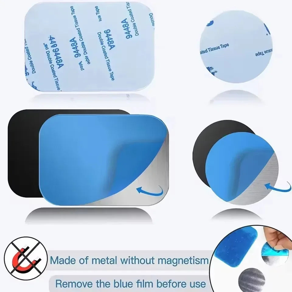 Adhesive metal plates in rectangular and round shapes with blue protective film, non-magnetic, for mounting surfaces.