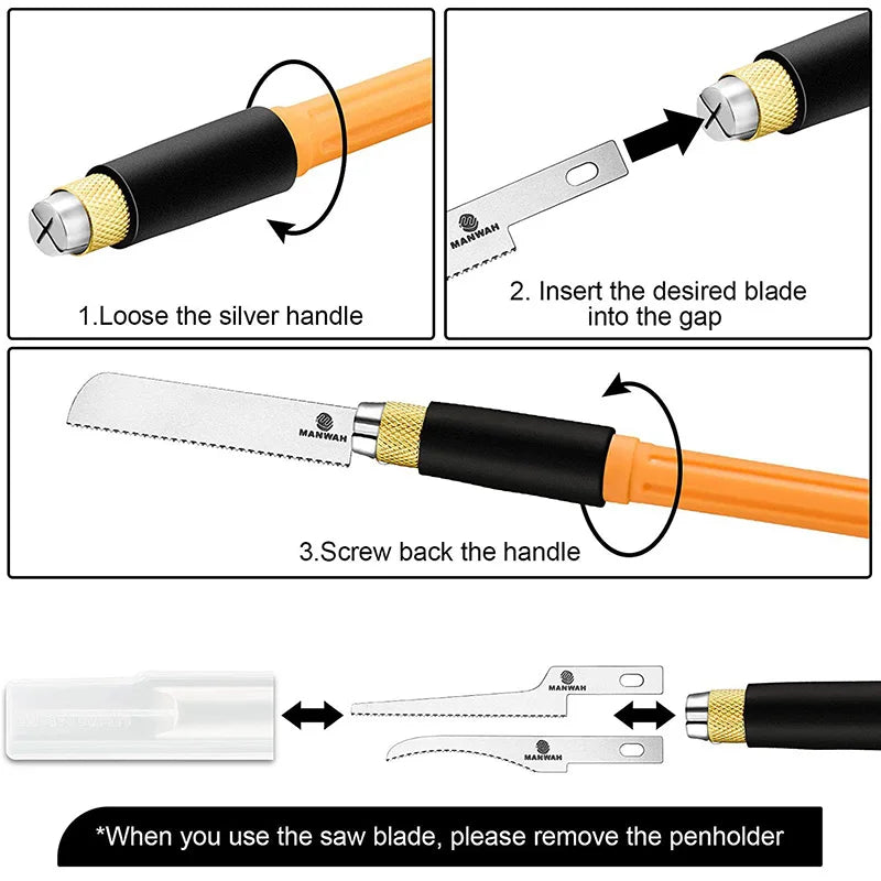 Three-step guide showing how to attach interchangeable saw blades to an orange and black precision craft handle.