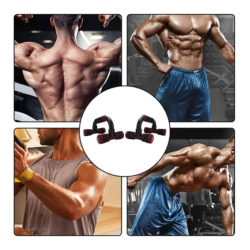 Pair of black push-up bars with red foam-padded handles, shown with muscular men working out in the gym.