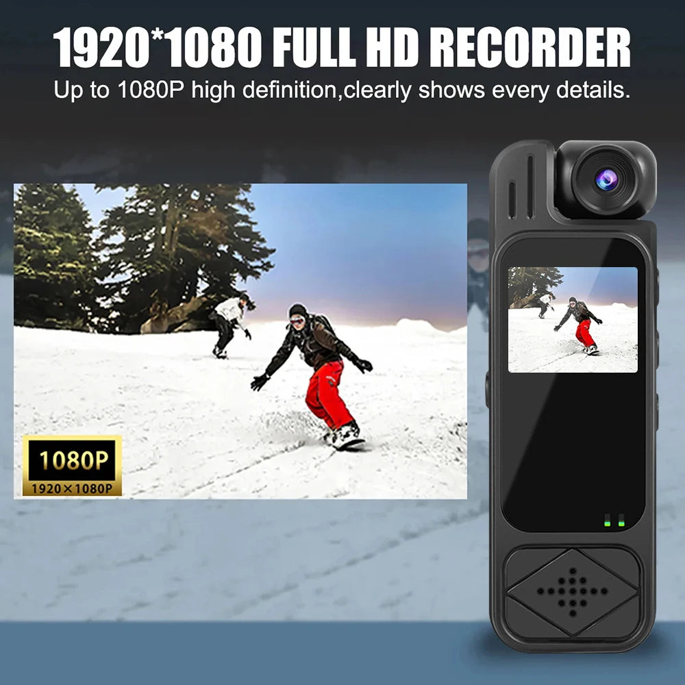 Black plastic 1080p full HD portable video recorder with a built-in display screen showing a skier.