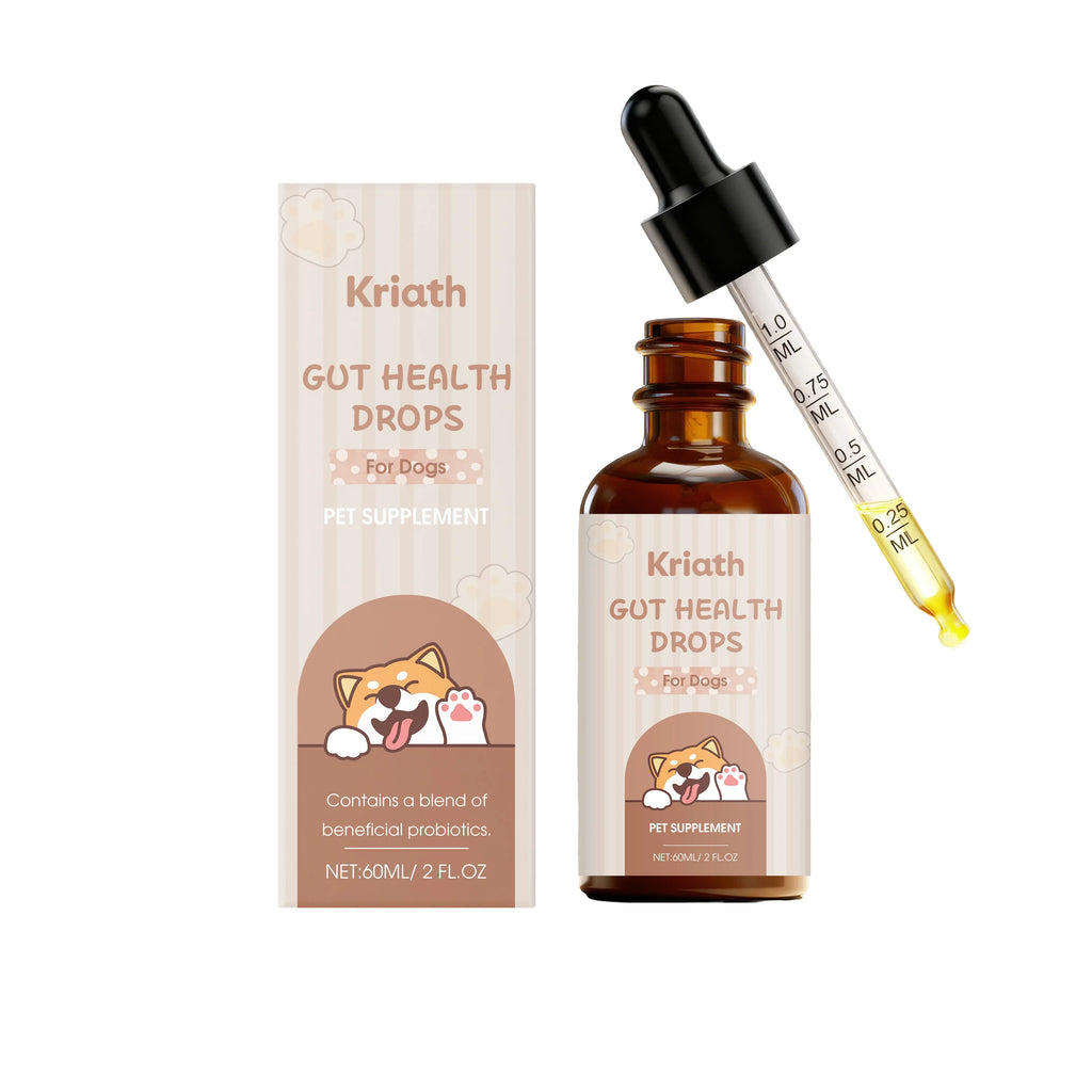 60ml amber glass bottle of dog gut health drops with a graduated dropper and matching illustrated box.