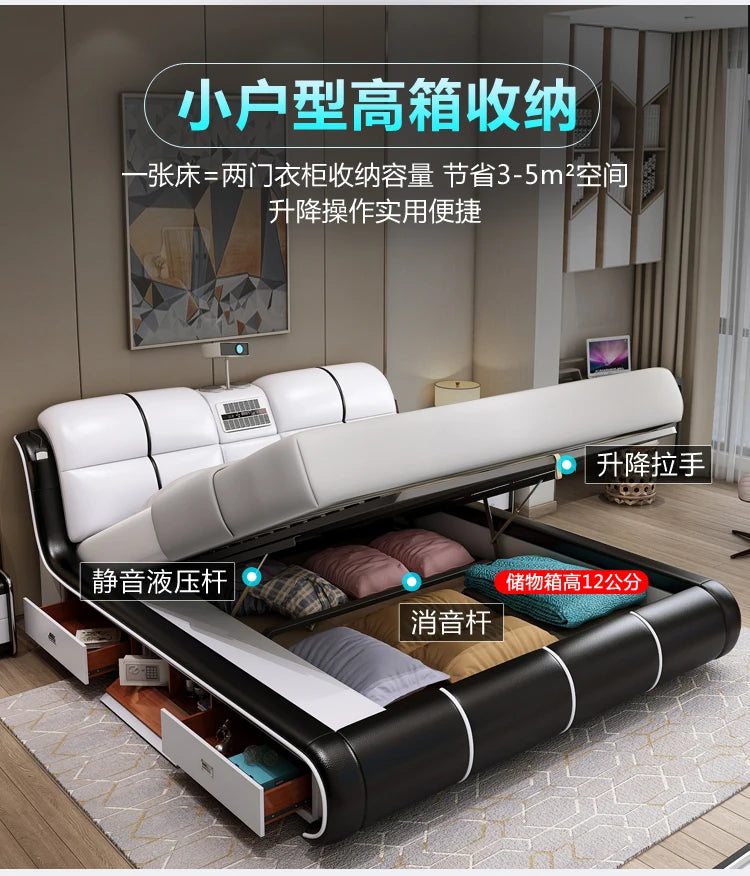 Modern cream and black leather bed frame with a gas-lift storage base and additional side drawers.