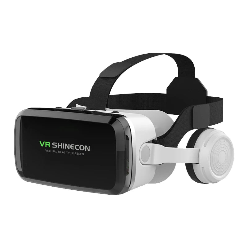 White and black 3D virtual reality headset for smartphones with an adjustable head strap and integrated headphones.