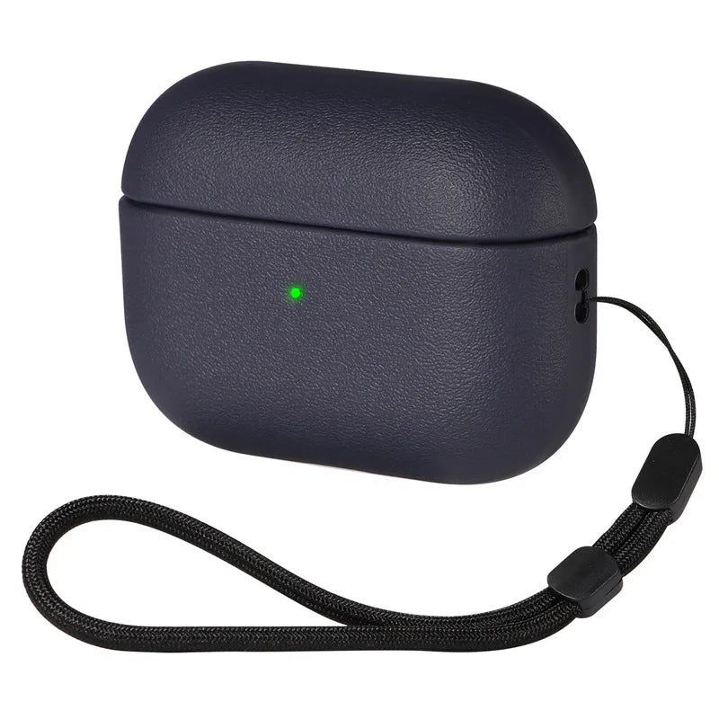 Navy blue leather-textured protective case for AirPods Pro with an attached black lanyard cord.