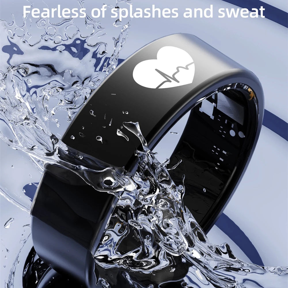 Sleek black smart health ring featuring a heart rate icon, surrounded by water splashes to show water resistance.
