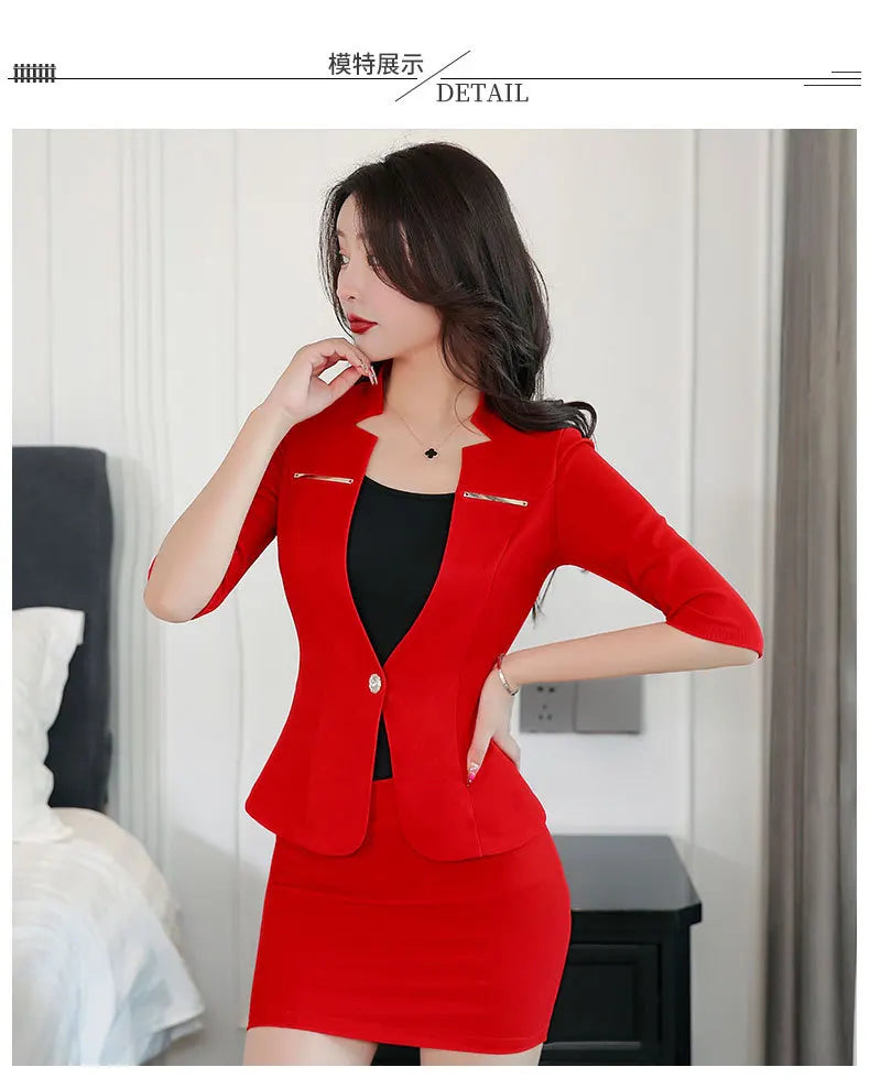 Woman wearing a vibrant red, slim-fit blazer with three-quarter sleeves, gold-tone accents, and a matching mini skirt.
