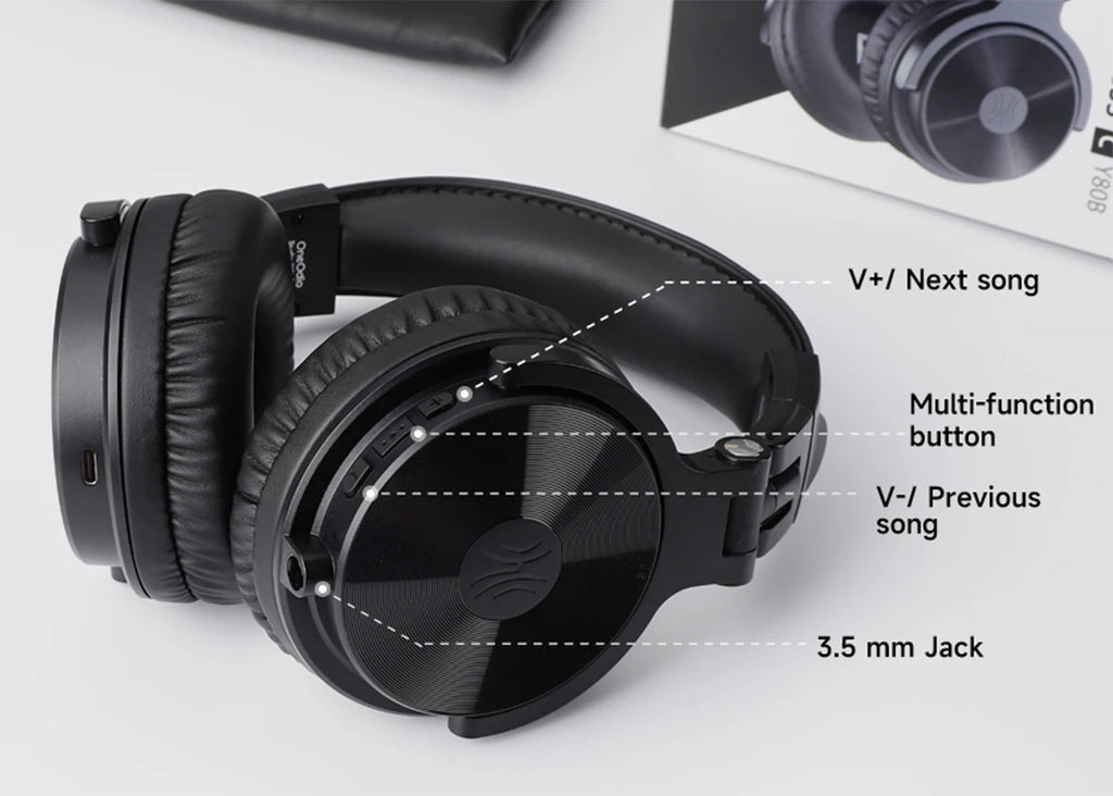 Black wireless over-ear headphones with soft cushioned earcups, side control buttons and a 3.5mm jack input.