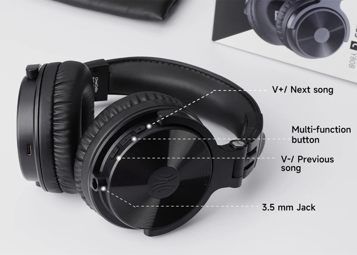 Black wireless over-ear headphones with soft cushioned earcups, side control buttons and a 3.5mm jack input.