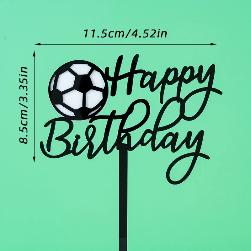 Black Happy Birthday cake topper featuring a football design, measuring 11.5cm by 8.5cm.