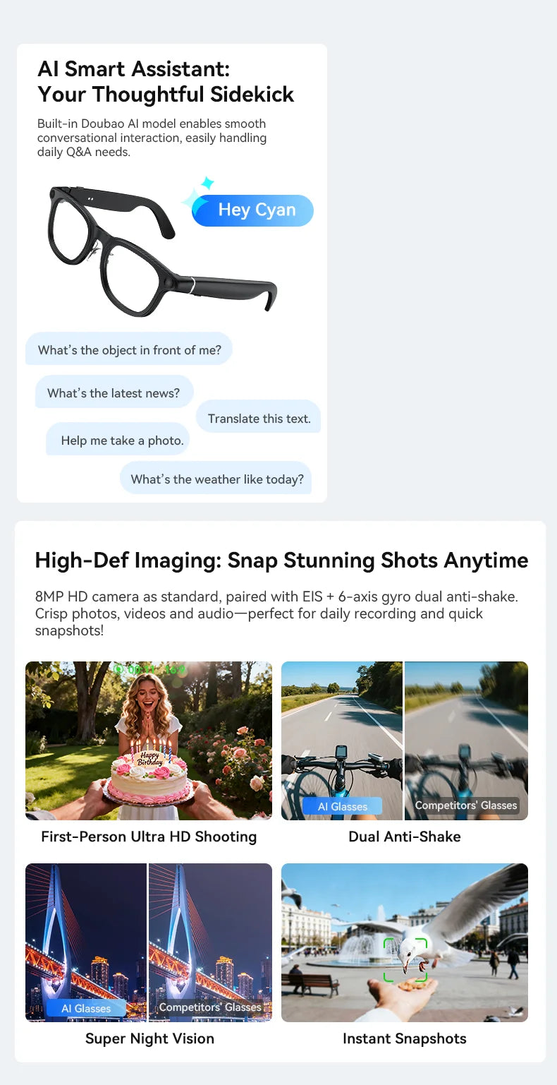Black smart glasses for HD recording and AI tasks, featuring a camera lens and app-based translation and photo modes.