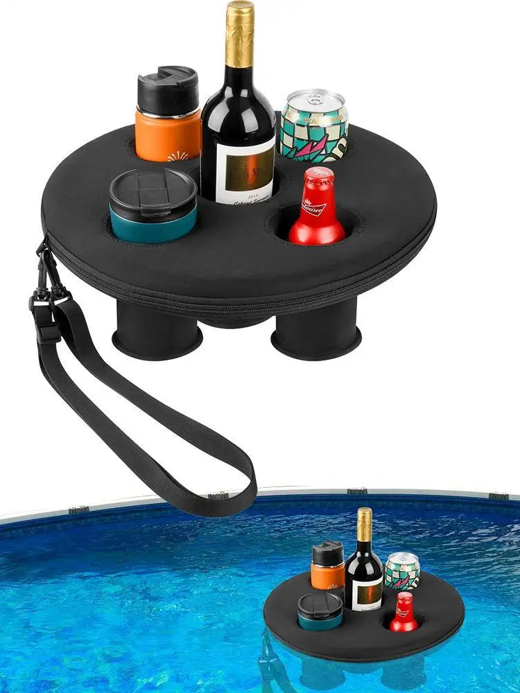 A black round floating drink holder with a strap, holding various bottles and cans, shown inside and out of a pool.