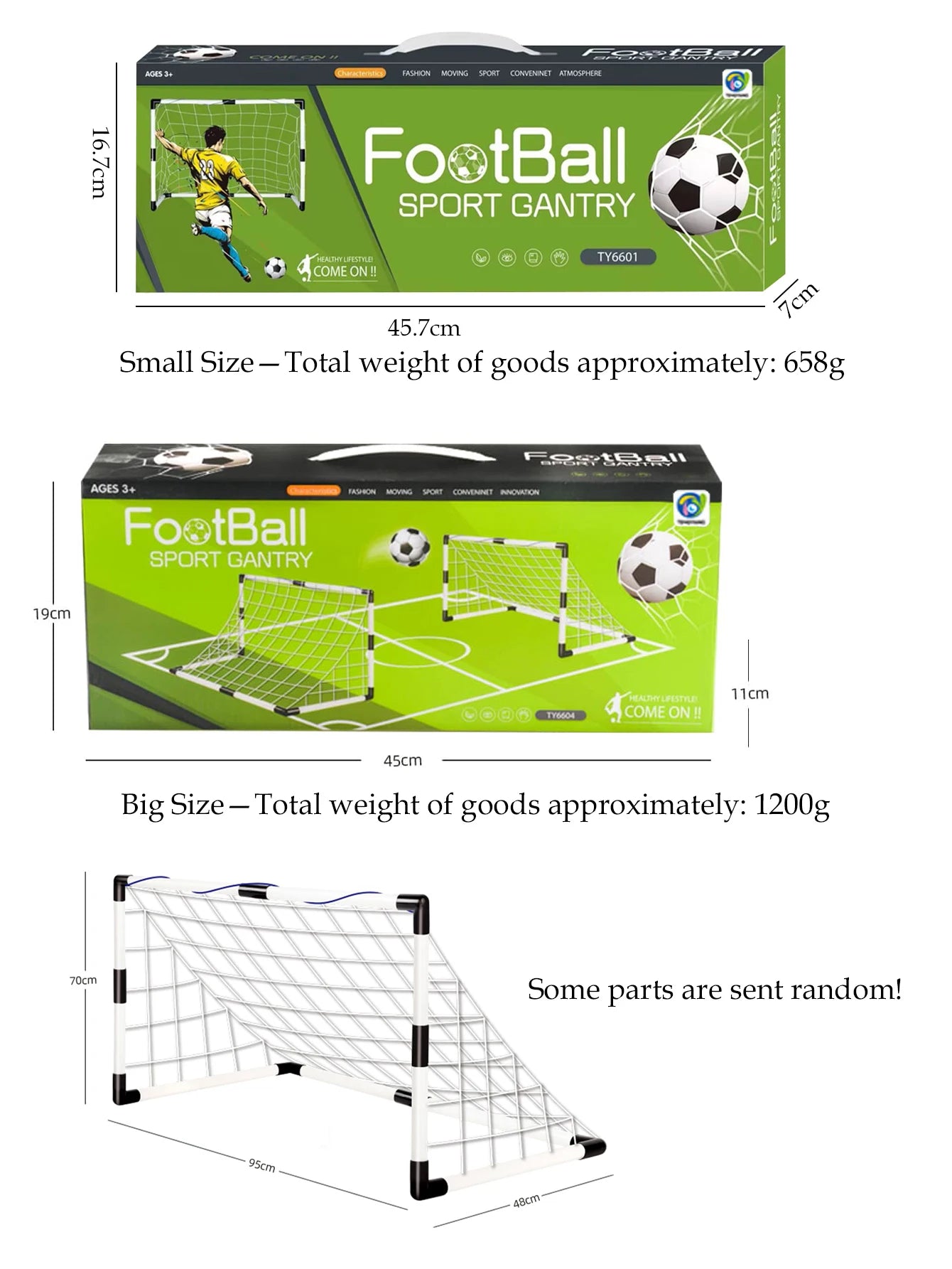 Two portable white football goal sets in small and large sizes with nets, shown in green carry boxes.