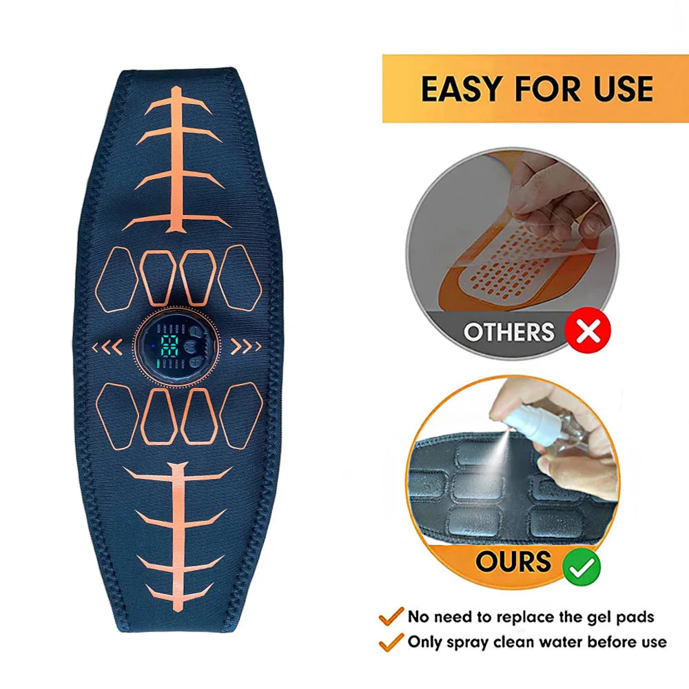 Black abdominal EMS muscle trainer belt with digital display and orange detailing, shown with spray-bottle instructions.