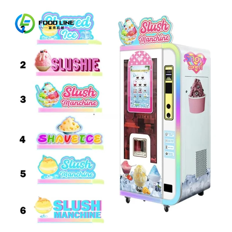 White automatic slush and smoothie vending machine with colorful signage, touchscreen, POS scanner, and ice graphics.