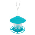 Bright turquoise bird feeder with a ridged conical roof, clear central container, and a hanging wire loop.