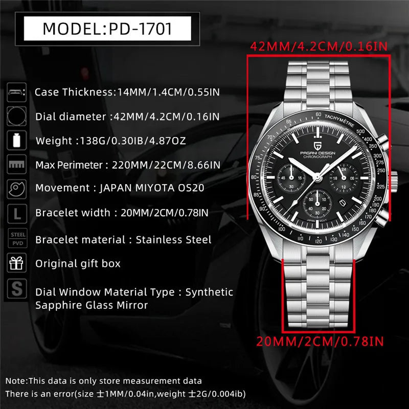 Pagani Design men's silver stainless steel chronograph watch with a round black dial and three sub-dials.