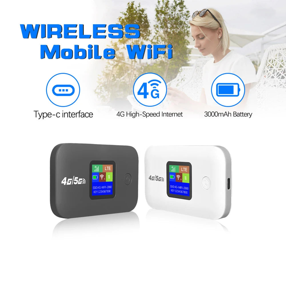 Black and white portable 4G LTE WiFi hotspots with digital screens, Type-C charging, and 3000mAh batteries.