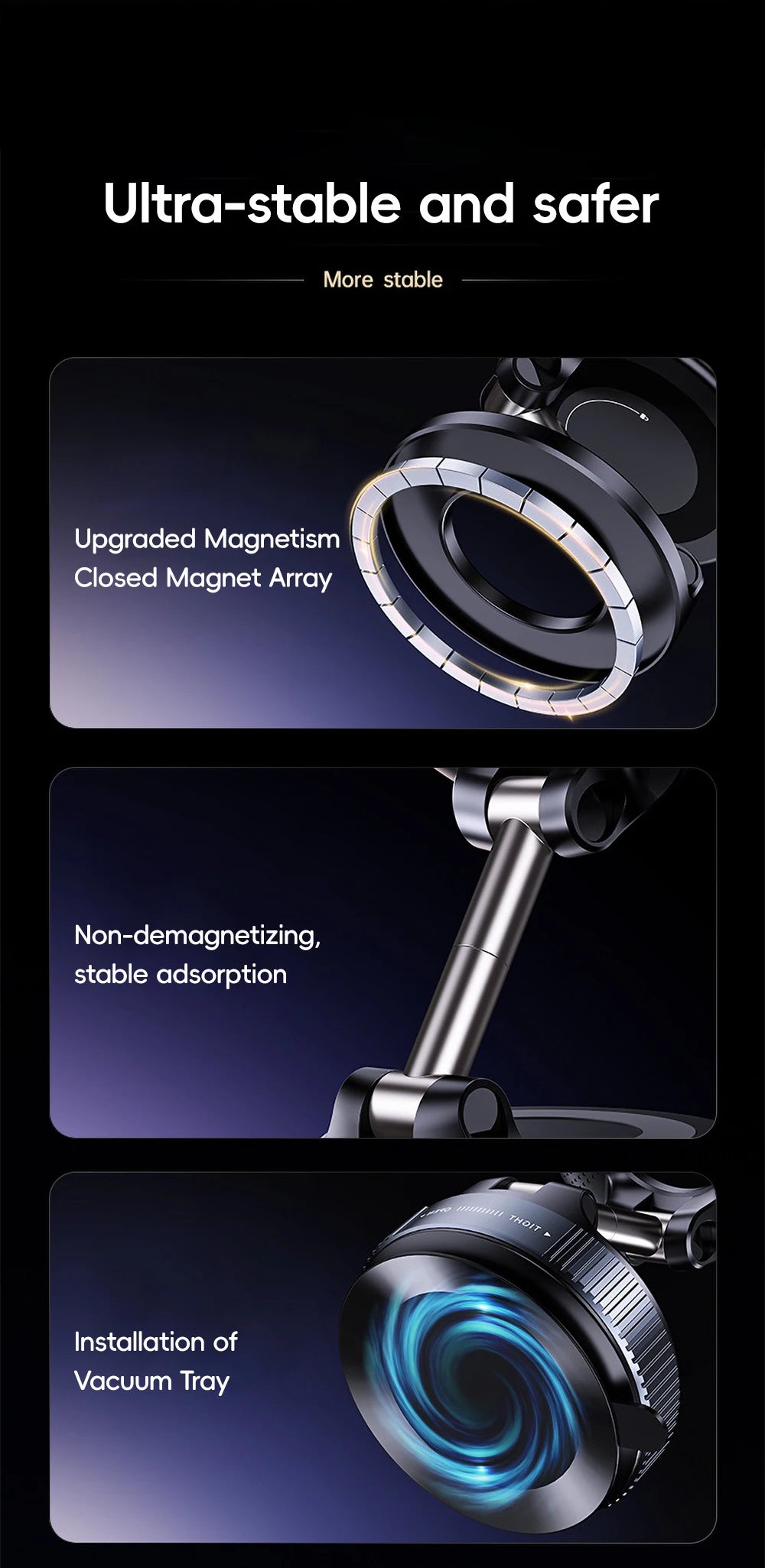 Black magnetic phone holder with a circular mount, metallic adjustable arm, and vacuum suction base design.