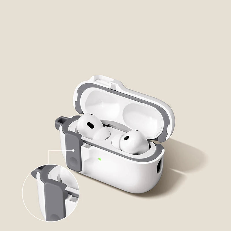White and grey rugged silicone case for Apple AirPods Pro, featuring a secure locking latch design.