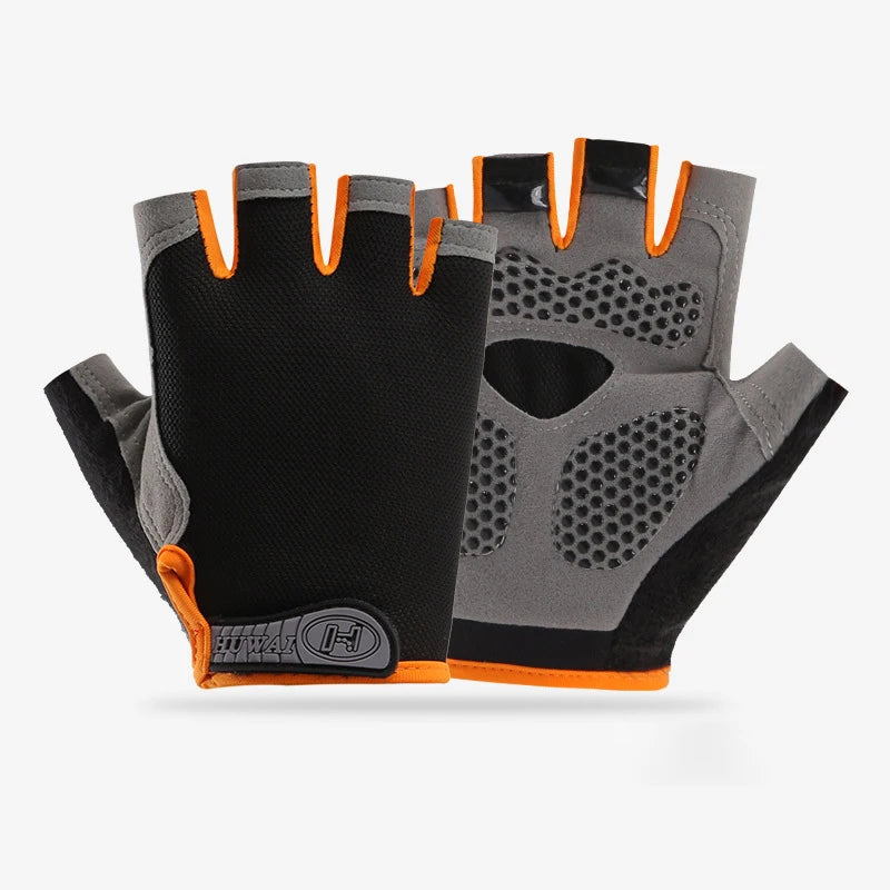 Fingerless cycling gloves in black and grey with orange trim and textured anti-slip palms.