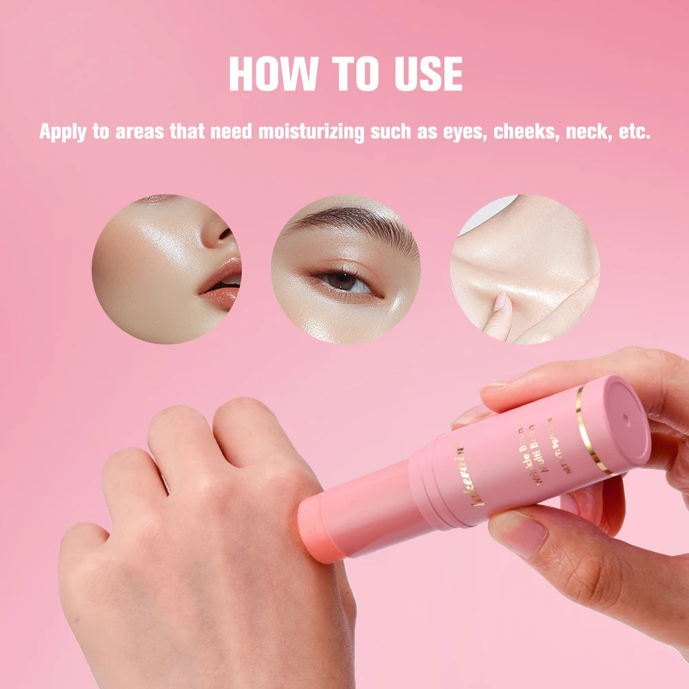 Pink moisturizing multi-balm stick for face and neck application to provide a dewy, hydrated glow.