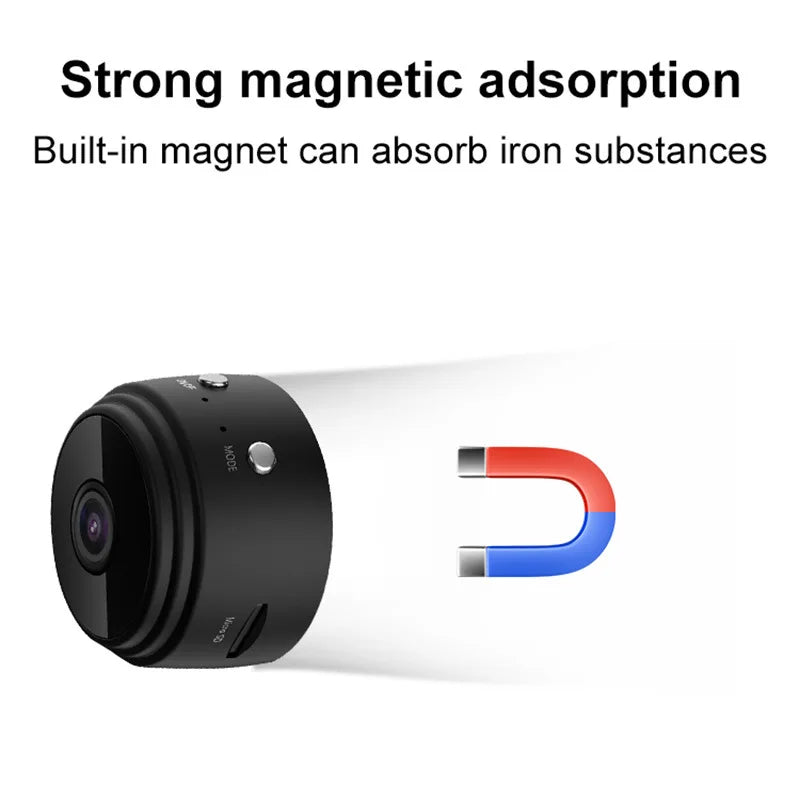 Small black cylindrical plastic security camera with a built-in magnet for magnetic mounting.