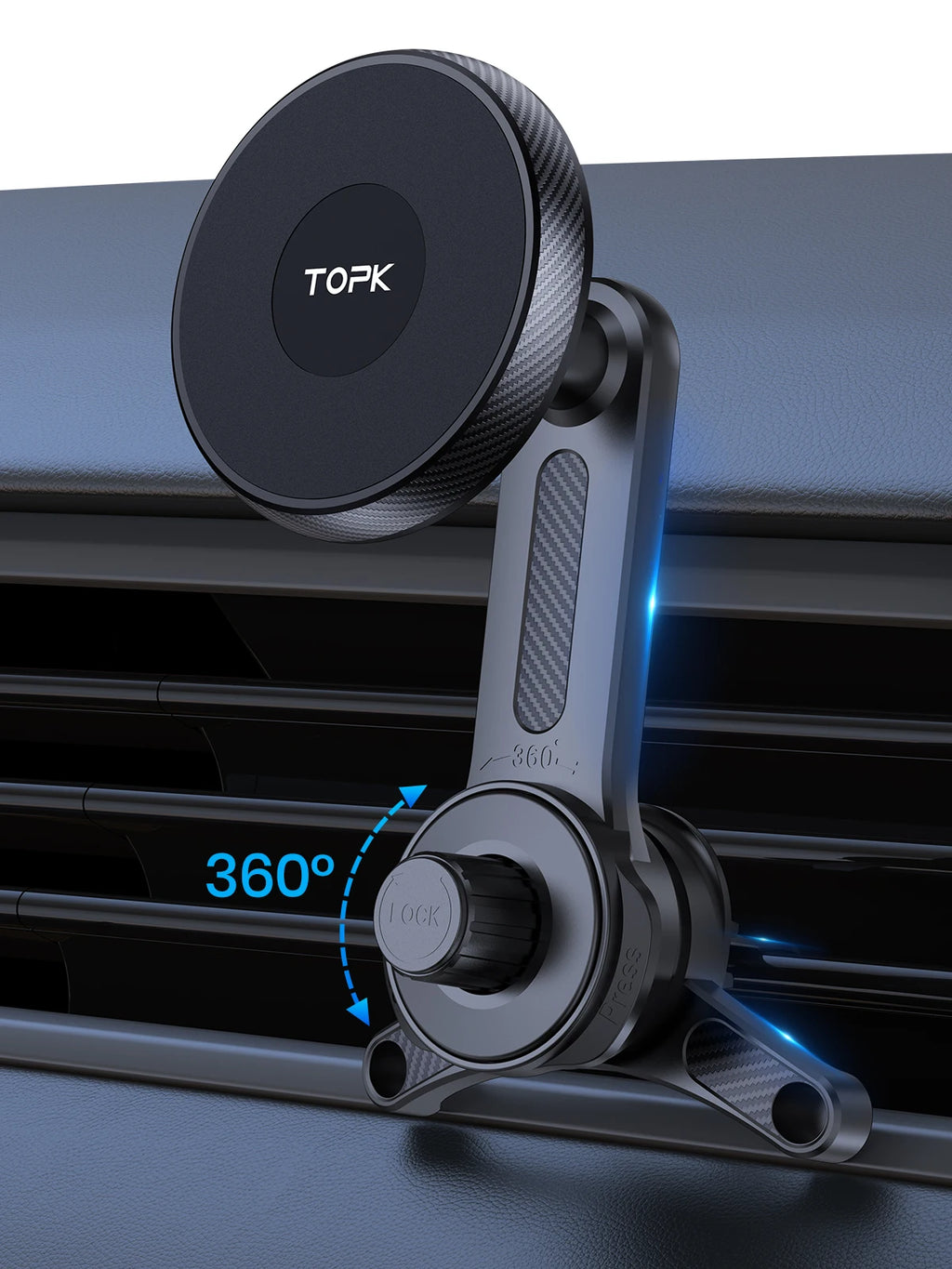 Black magnetic car phone mount with carbon fiber accents, adjustable 360-degree rotation, mounted on a car air vent.