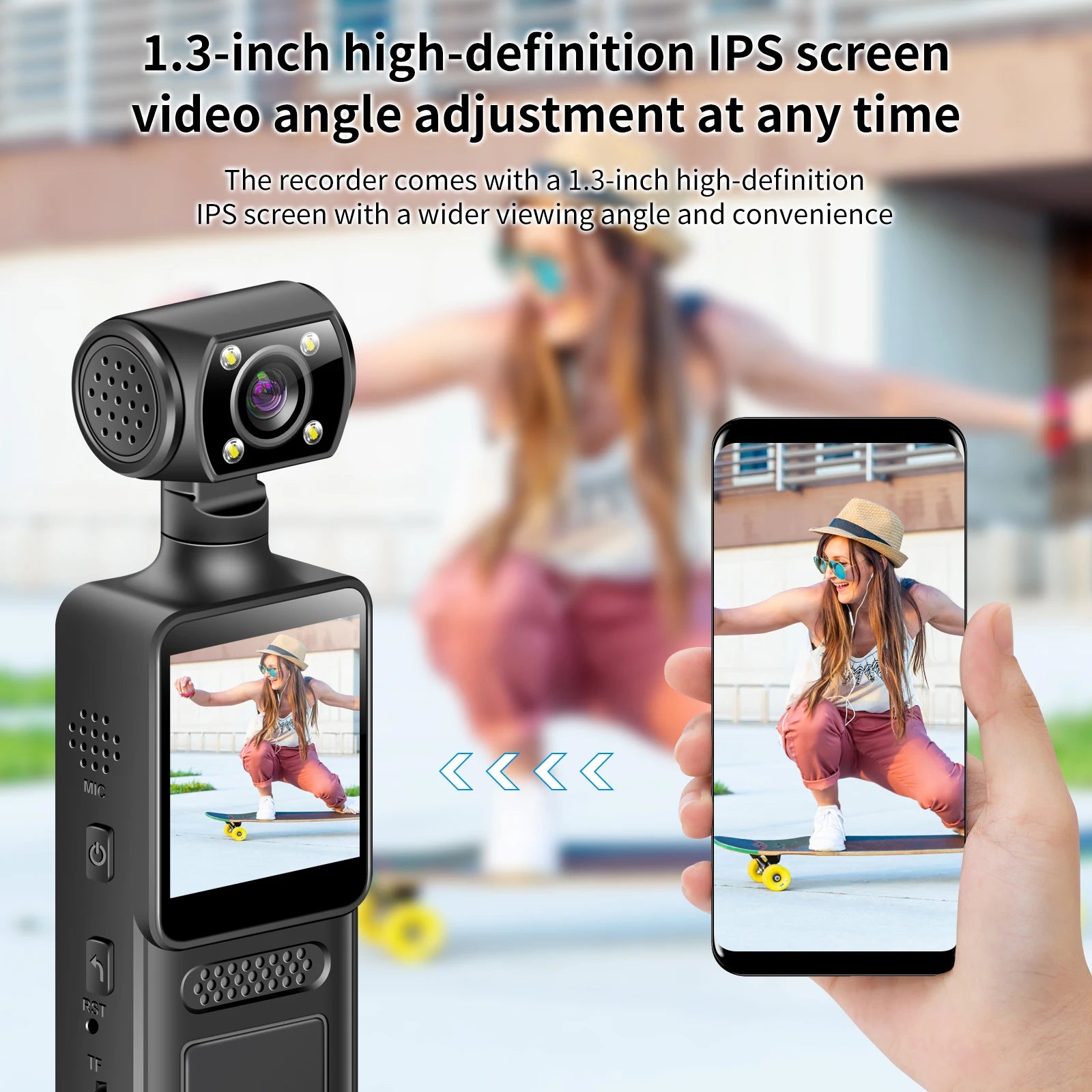 Black portable body camera with a 180-degree rotatable lens and a 1.3-inch screen showing a person on a skateboard.