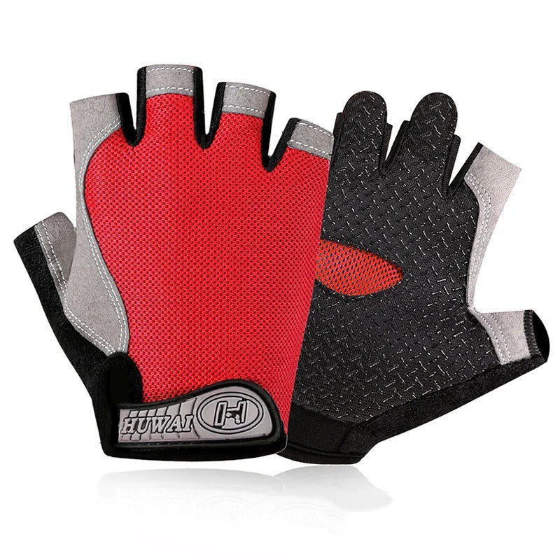 Pair of red and black fingerless cycling gloves with grey accents and Huwai branding on the velcro wrist strap.