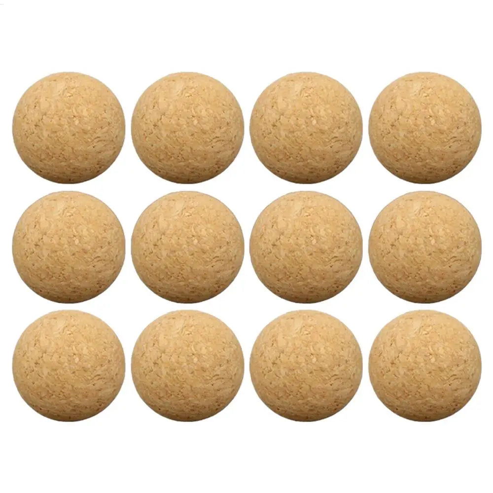 Twelve round, natural light brown cork balls arranged in a grid against a white background.