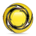 Bright yellow football with a dynamic black and white graphic pattern and traditional stitched panel construction.