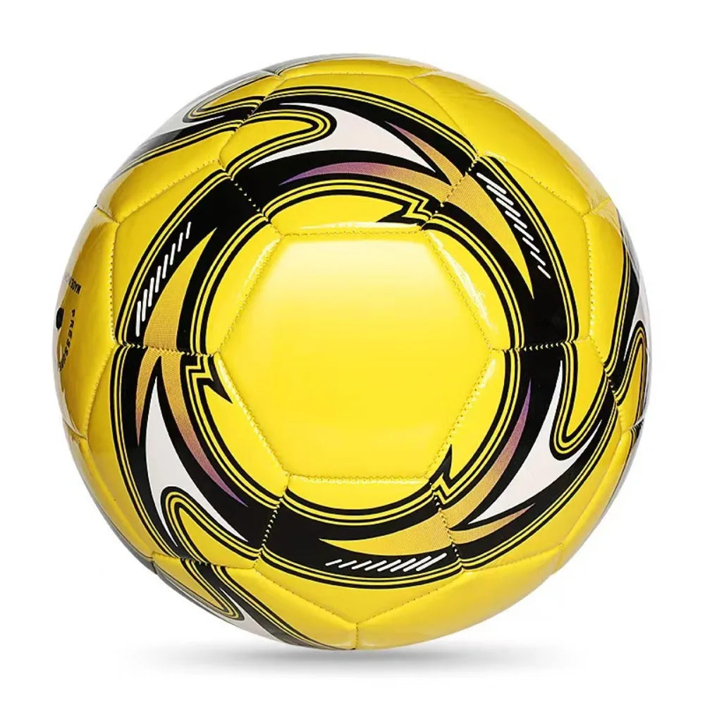 Bright yellow football with a dynamic black and white graphic pattern and traditional stitched panel construction.
