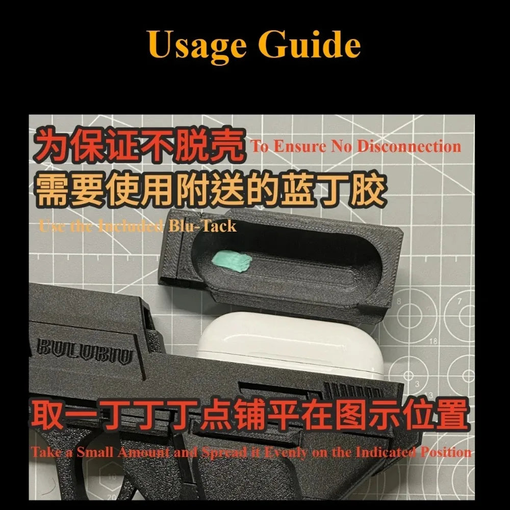 Black matte textured 3D-printed gun-shaped case for AirPods Pro, shown with adhesive putty for secure fitting.