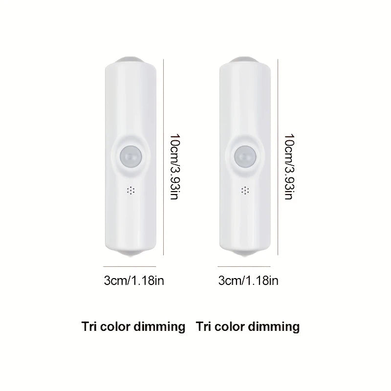 Two slim white rechargeable LED wall lights with motion sensors, featuring tri-colour dimming and 10cm x 3cm dimensions.
