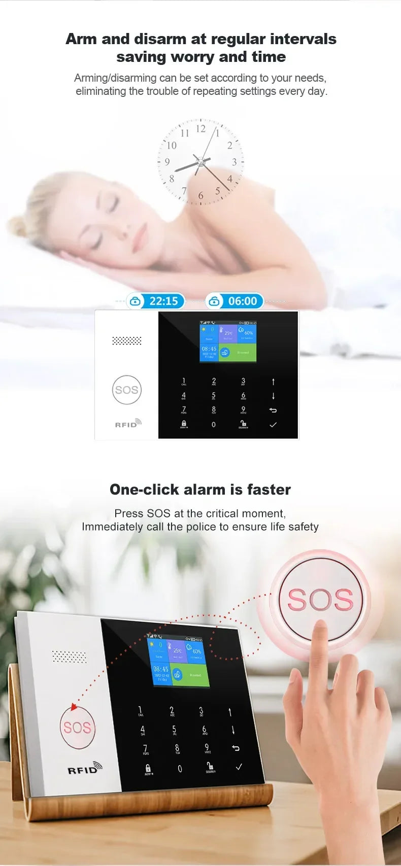 White and black smart home alarm system with touch keypad, colour display, SOS button, and RFID support.