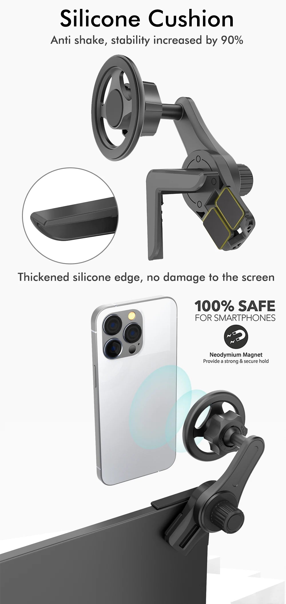 Black magnetic car phone mount with a clamp, adjustable arm, and silicone protective padding for safe device attachment.