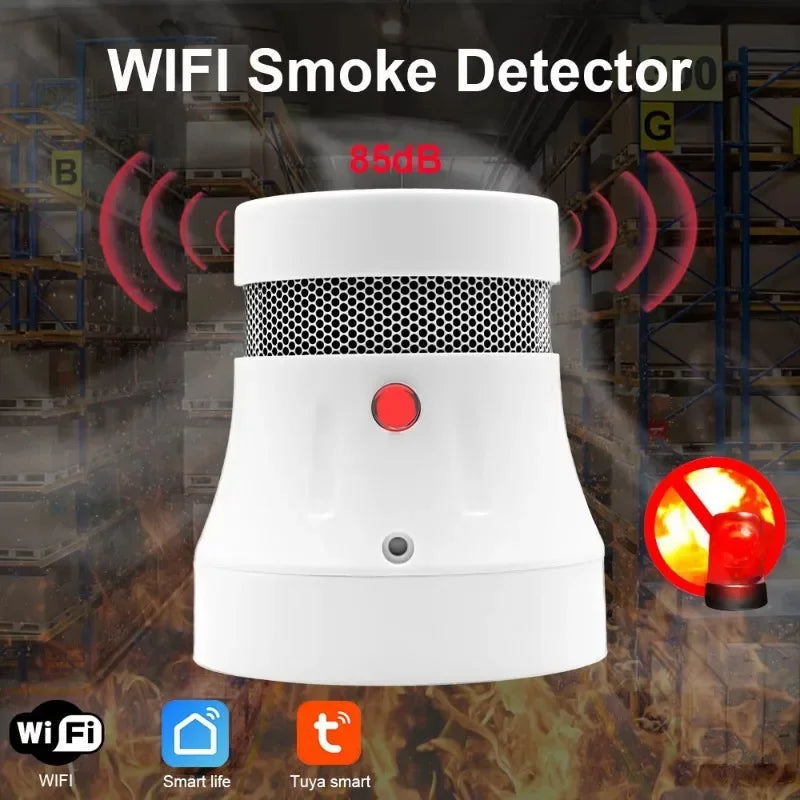 White, modern WiFi smoke detector with a mesh grille, central red test button, and 85dB alarm alert indicator.